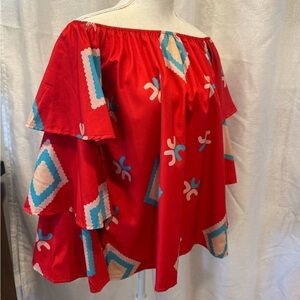 MISSLOOK Red Off-Shoulder Blouse with Blue and White Patterns